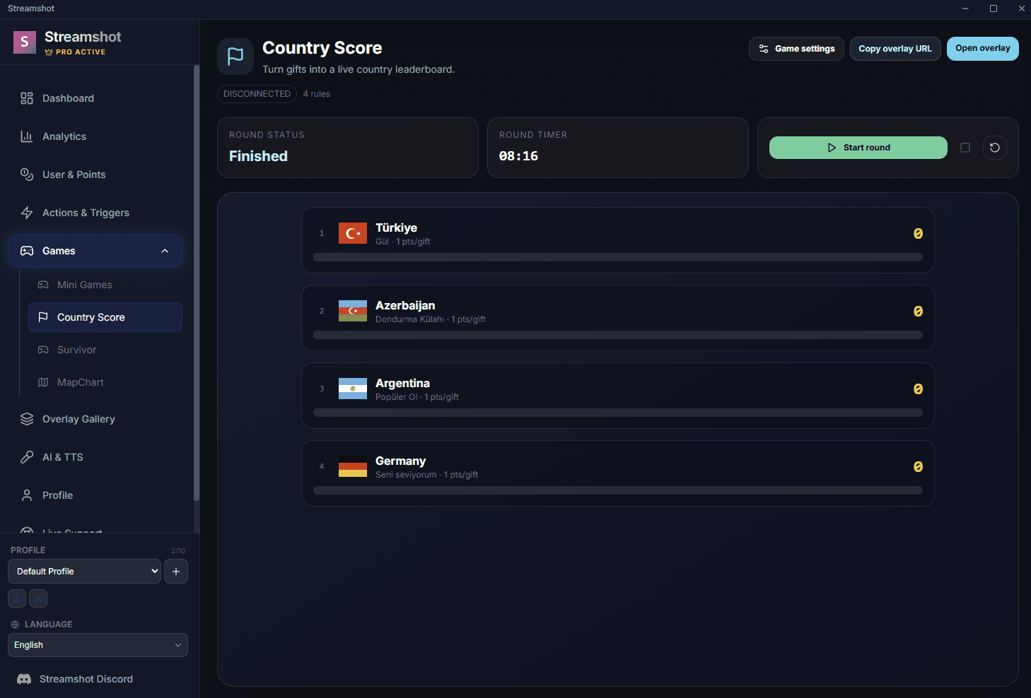 Streamshot Country Score game settings and leaderboard panel