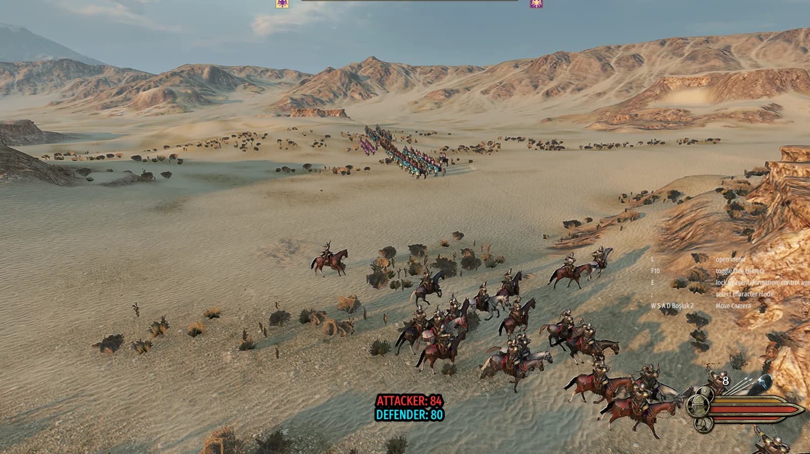 Bannerlord desert battle with mounted and foot soldiers and the Attacker and Defender unit counter.
