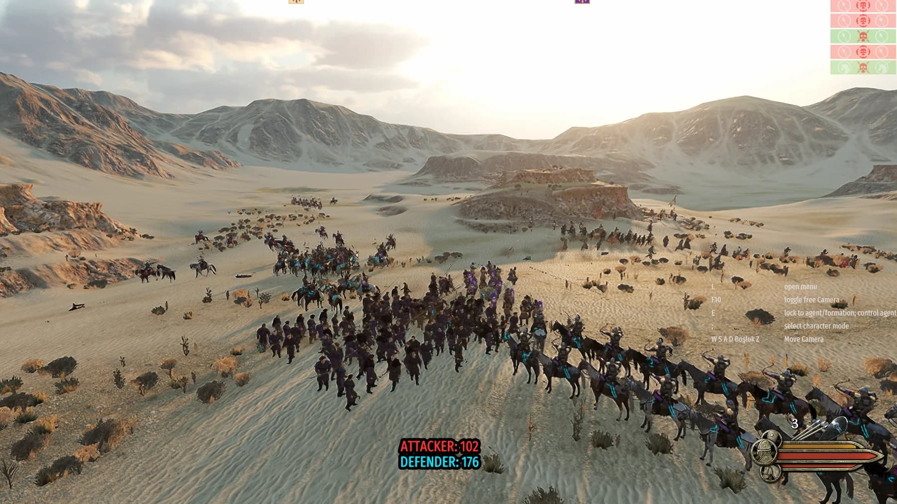 Mount & Blade II: Bannerlord battle with viewer spawned units and an Attacker and Defender counter overlay.
