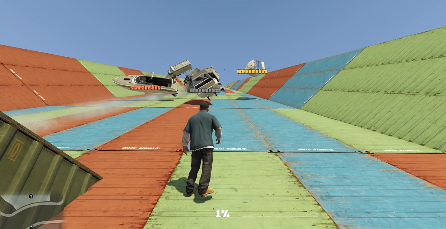 GTA V: Legacy KOTH gameplay on a colorful container ramp with boats and Streamshot player labels.