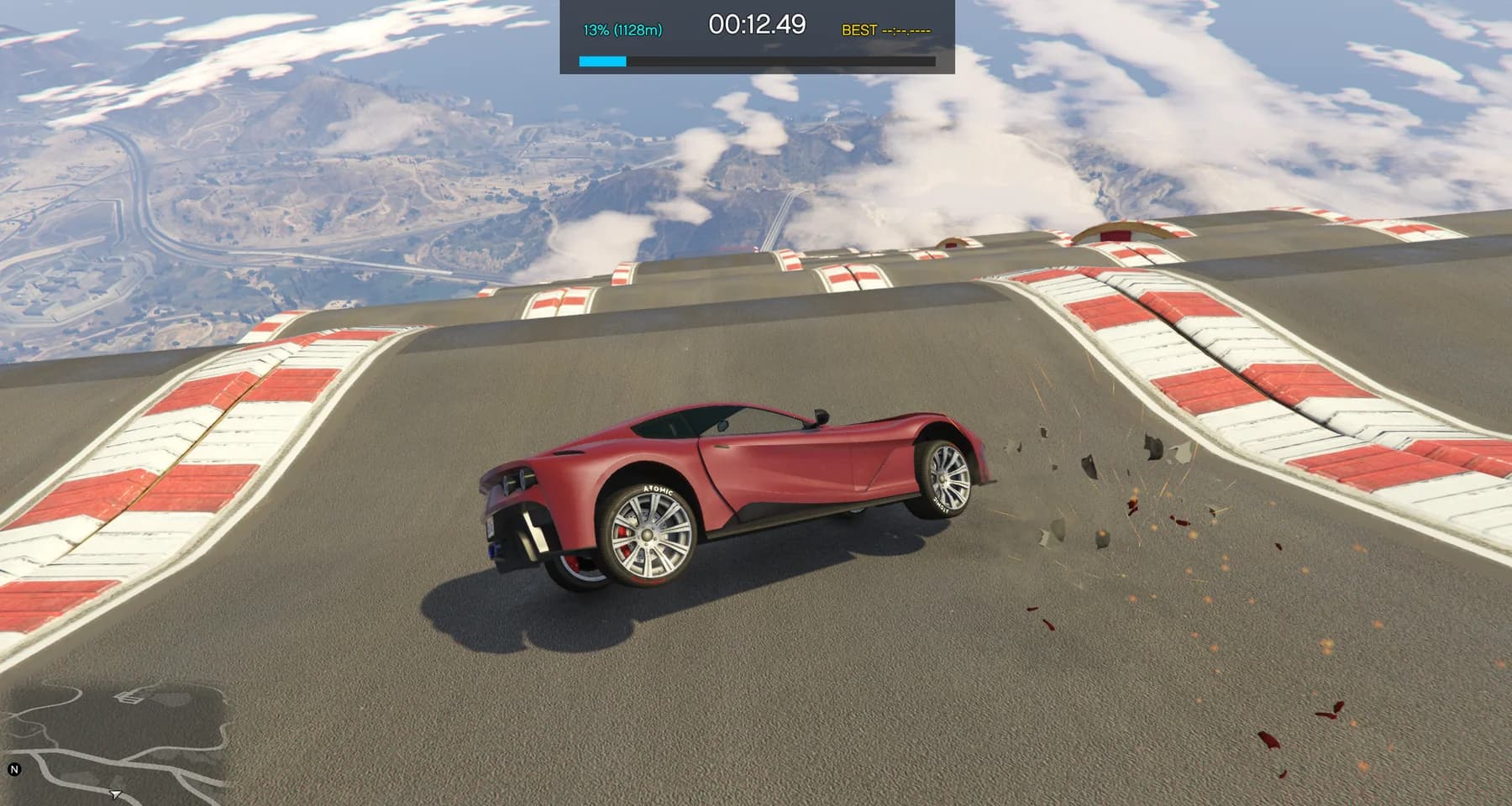 GTA V: Legacy Speed Bomb gameplay: a sports car on a high stunt ramp with a timer.