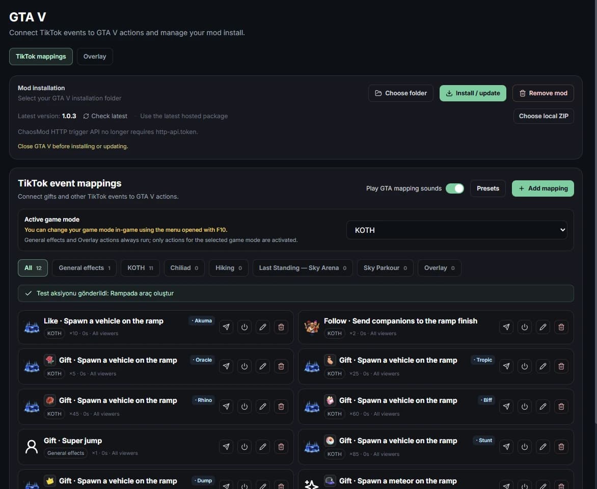 Streamshot GTA V: Legacy event mapping screen with mod installation controls and TikTok gift actions.