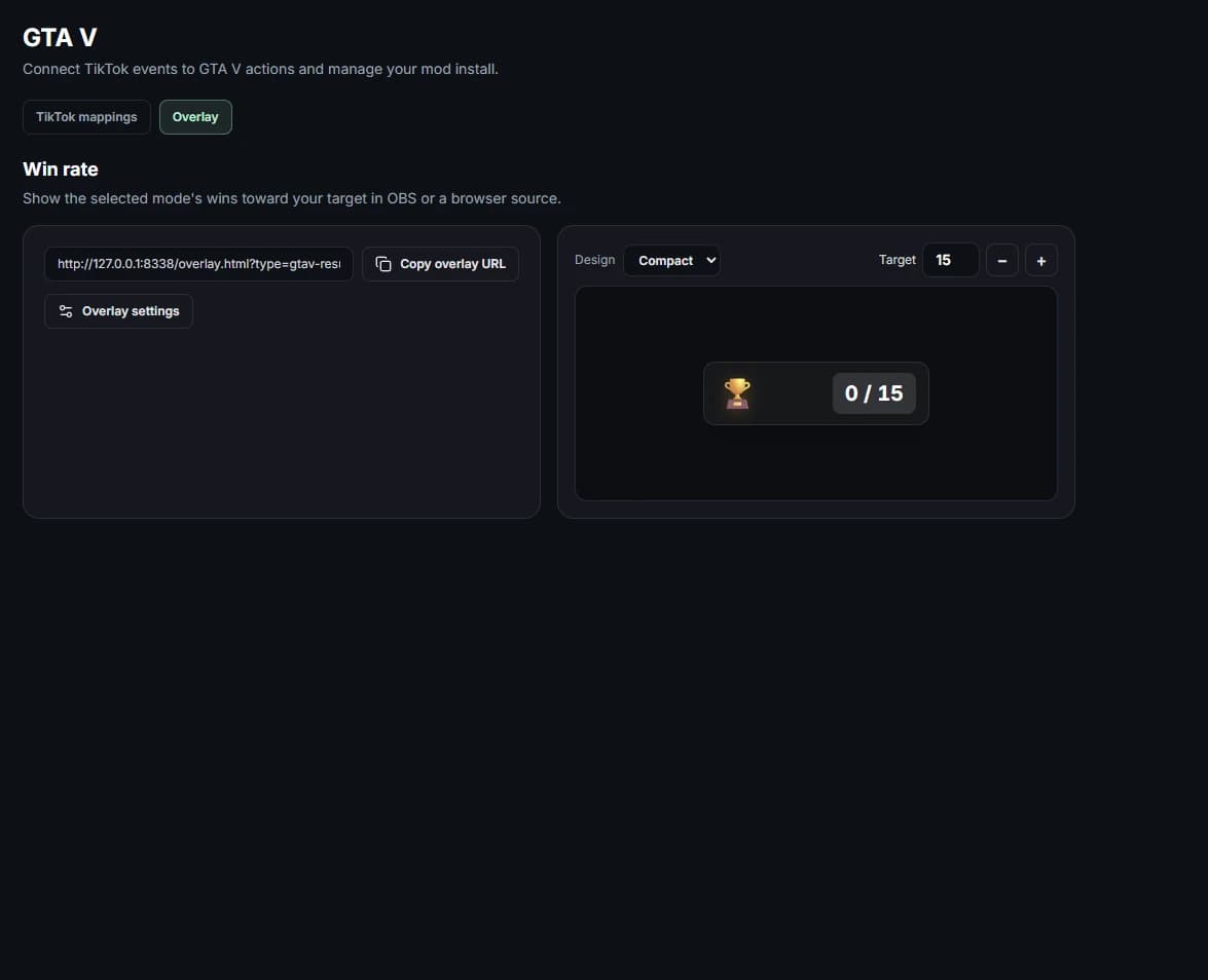 Streamshot GTA V win counter overlay settings with design selection, target control and a live preview.