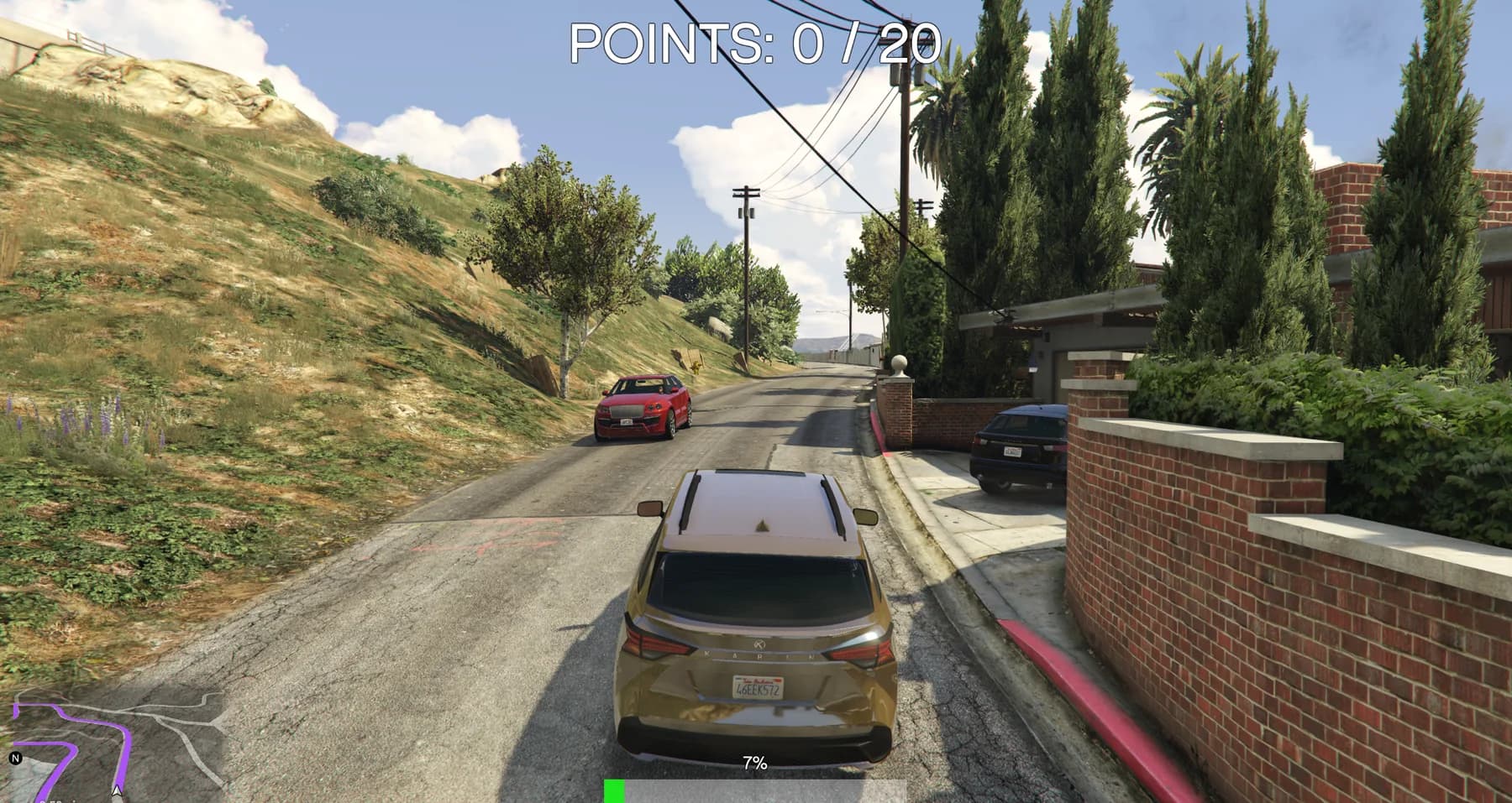 GTA V: Legacy Taxi gameplay: a car on a hillside road with a 20-point challenge counter.