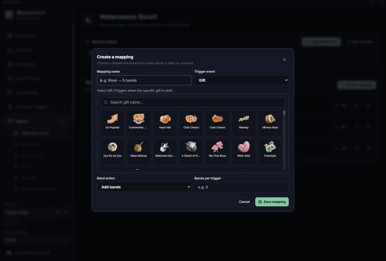 Streamshot gift mapping editor showing TikTok LIVE gifts available as triggers.