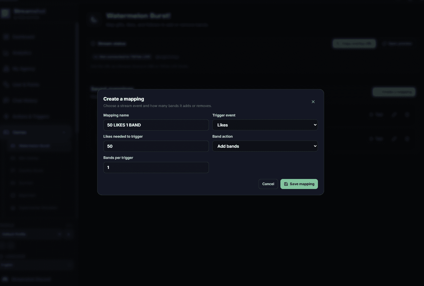 Streamshot mapping editor configured to add one band for every 50 TikTok LIVE likes.