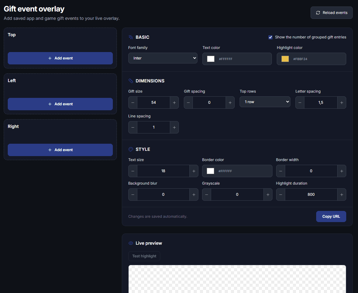 Streamshot gift overlay editor with top, left and right event zones, style controls, and an empty live preview.
